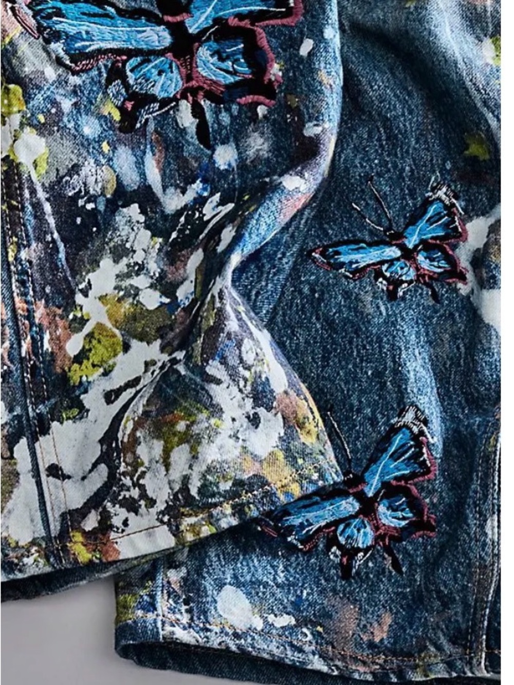 Free People Blue Paint-Splatter Wide-Leg Jeans with Butterfly Motif - Picture 7 of 15